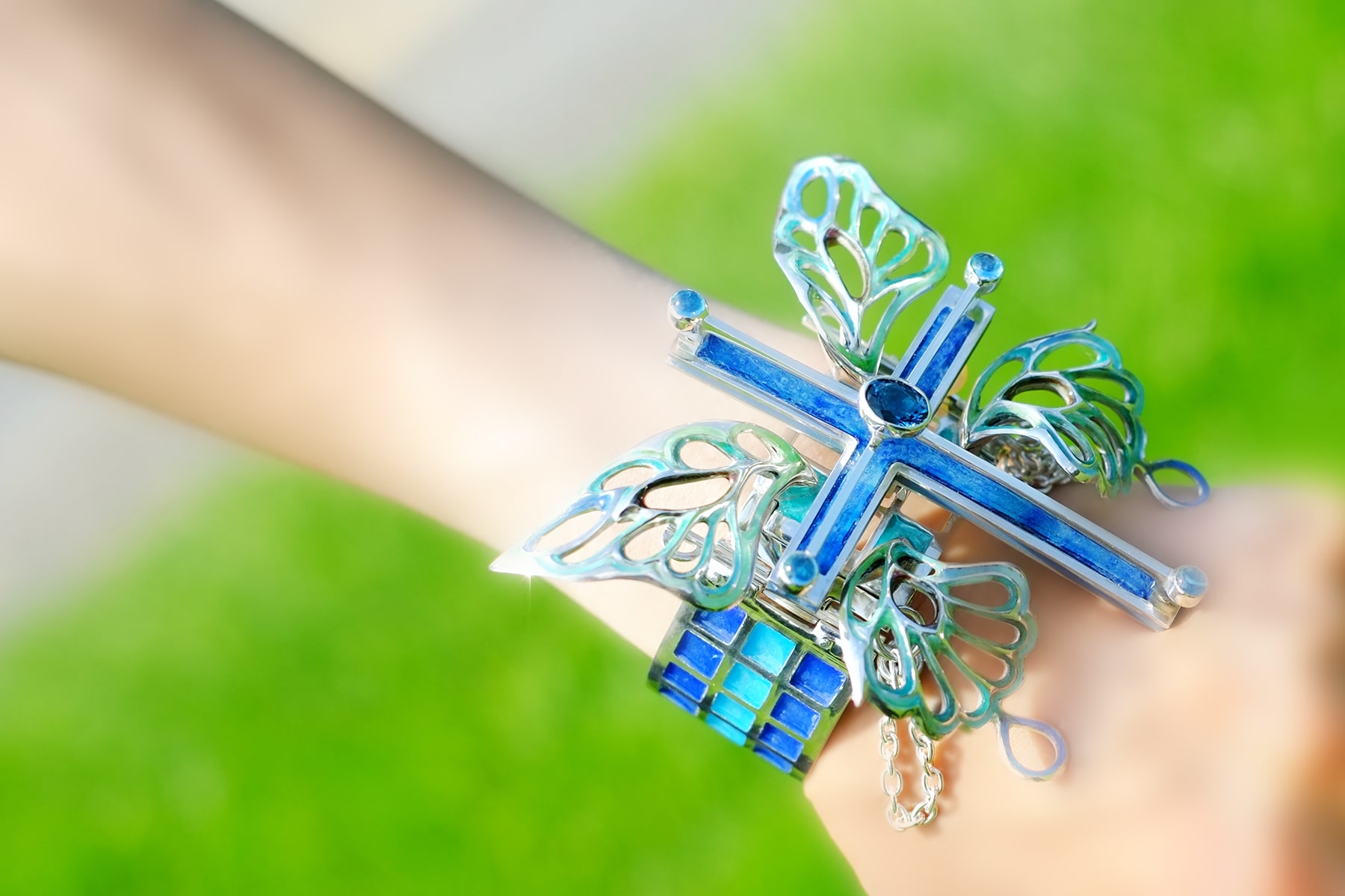 Bracelet/silver/Blue Cross-Butterfly（青い十字蝶）